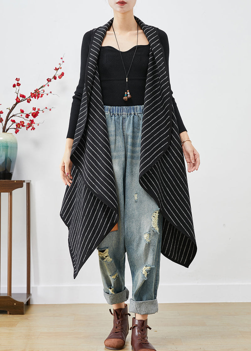Black Asymmetrical Striped Cotton Long Vest Fall