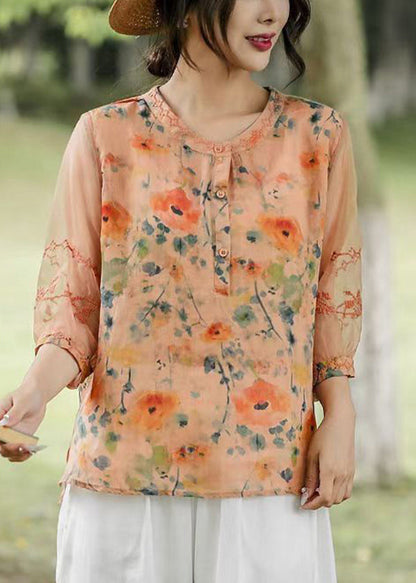 Orange Embroideried Patchwork Print Linen Shirt Top Half Sleeve
