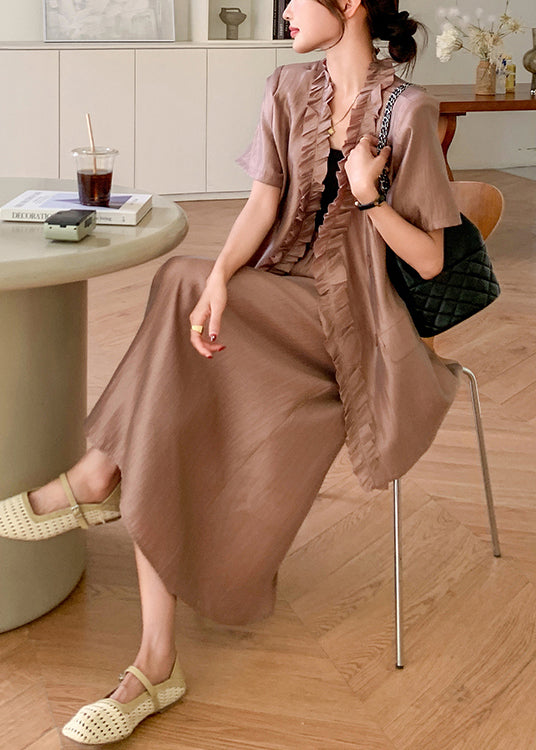 Pink Ruffled Patchwork Silk Two Pieces Set Summer