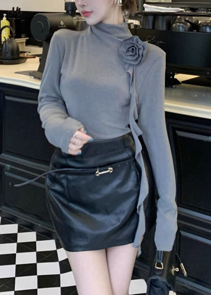 Grey Turtle Neck Stereoscopic Cotton Shirts Fall