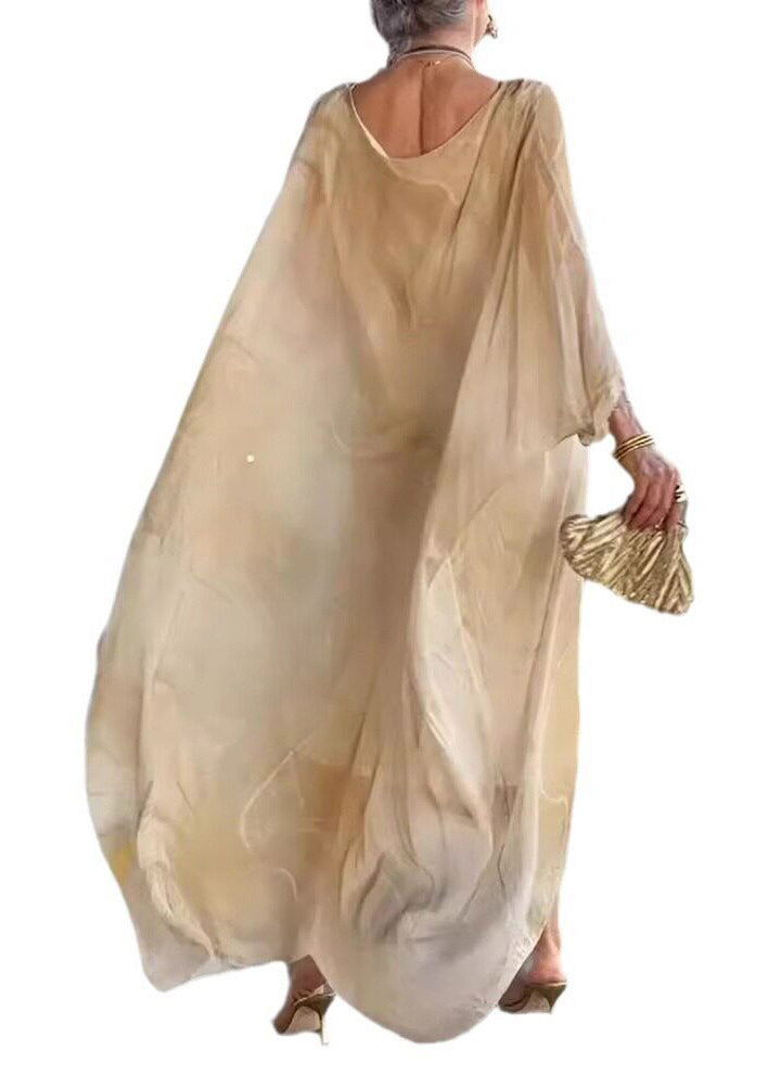 Khaki O-neck Print Long Dress Fall