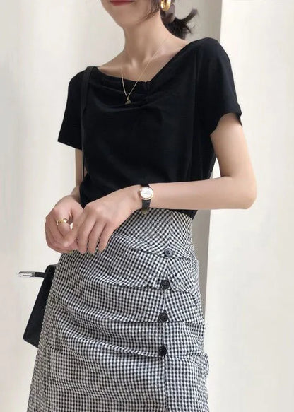Black V Neck Tops and Skirts Cotton Two Pieces Summer