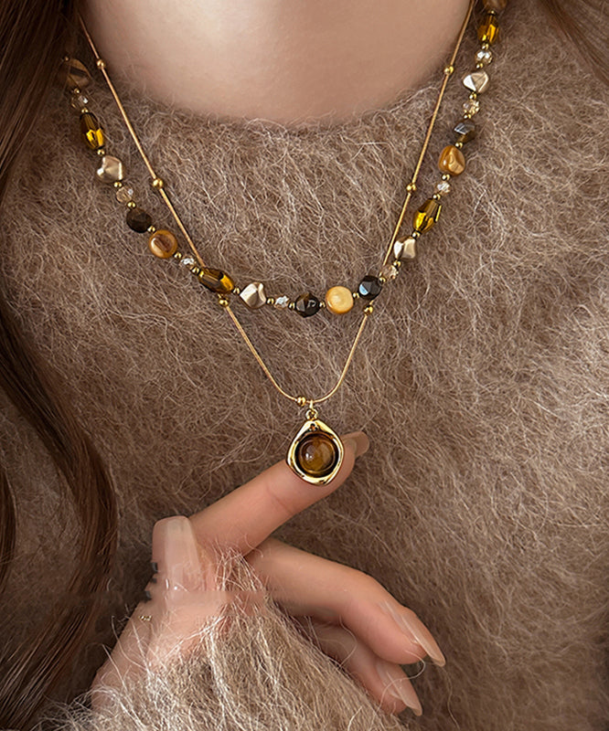 Gold Copper Overgild Tiger Eye Stone Beading Pendant Necklace Two Piece Set