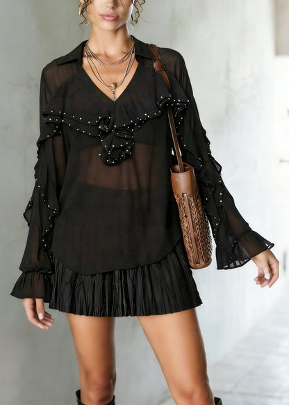 Black Draping Chiffon Shirt Tops Ruffled Nail Bead Spring