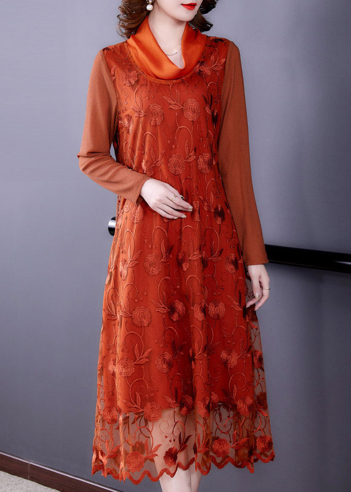 Stylish Orange Embroideried Tulle Long Dress Long Sleeve