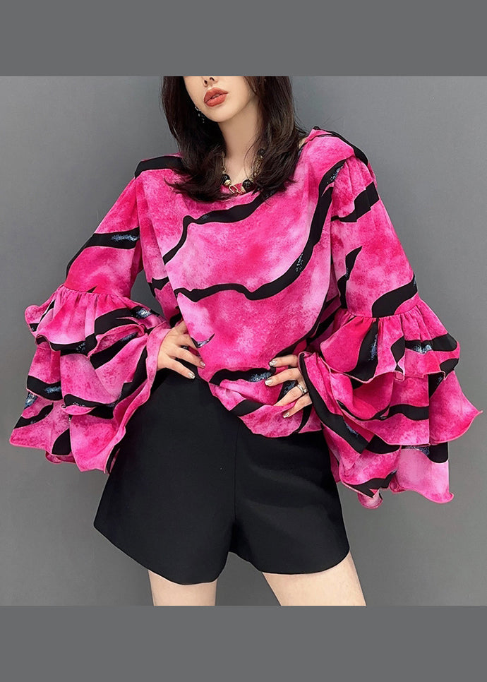 Rose O Neck Striped Patchwork Chiffon Top Petal Sleeve