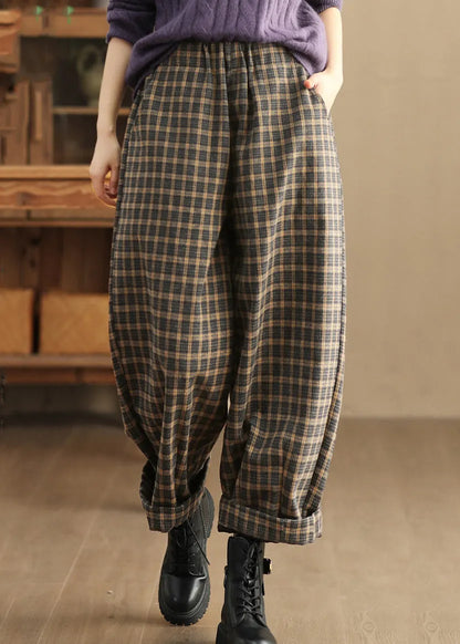 Pockets Plaid Elastic Waist Trousers Spring