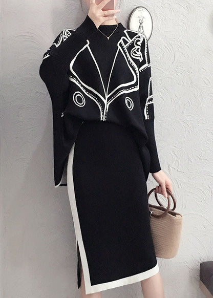 Black Tasseled Patchwork Knit Two Pieces Set Winter