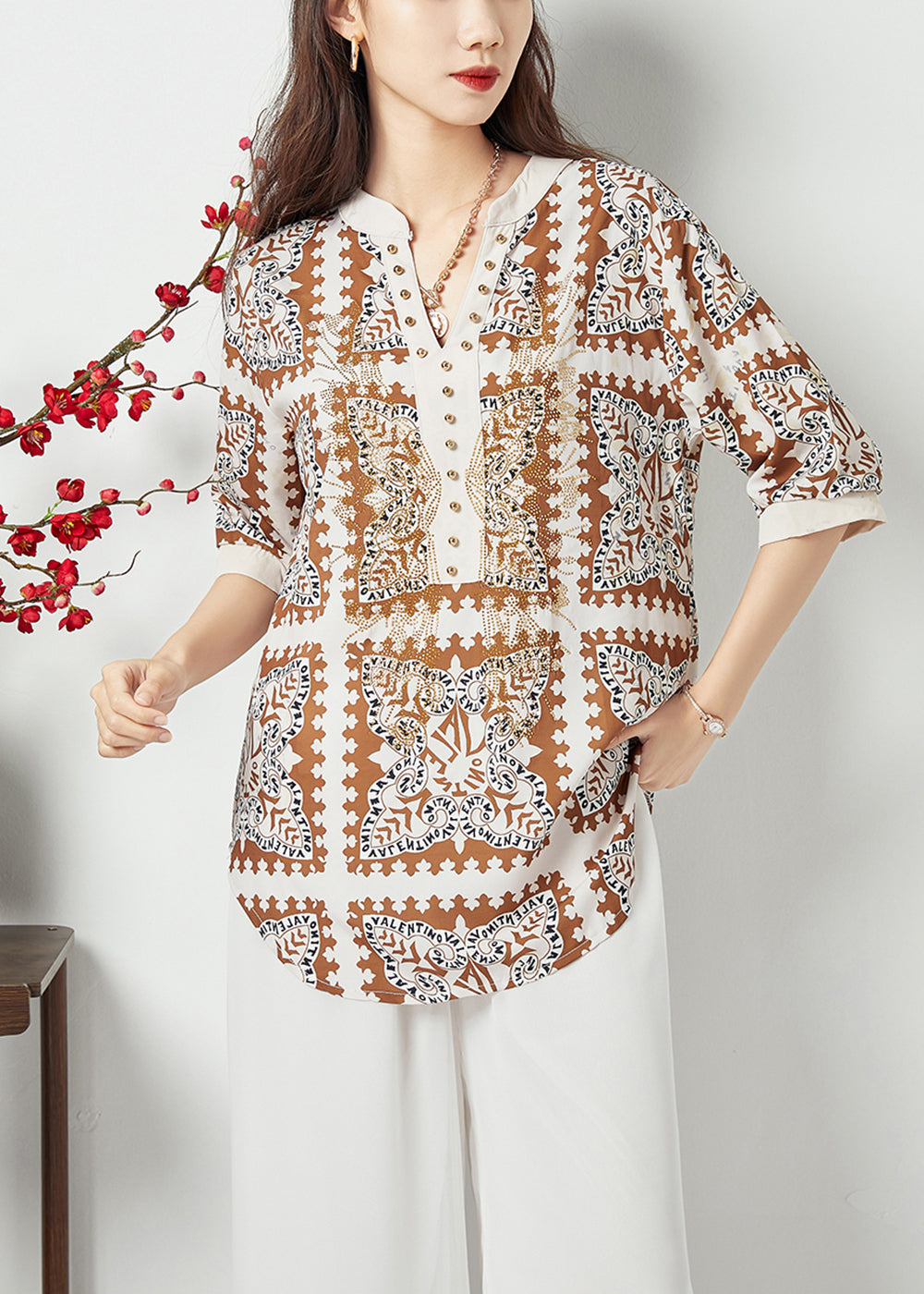 Black V Neck Print Draping Chiffon Blouses Summer