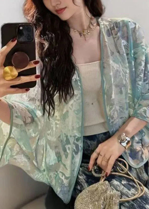 Classy Light Green V Neck Silk Coat Batwing Sleeve