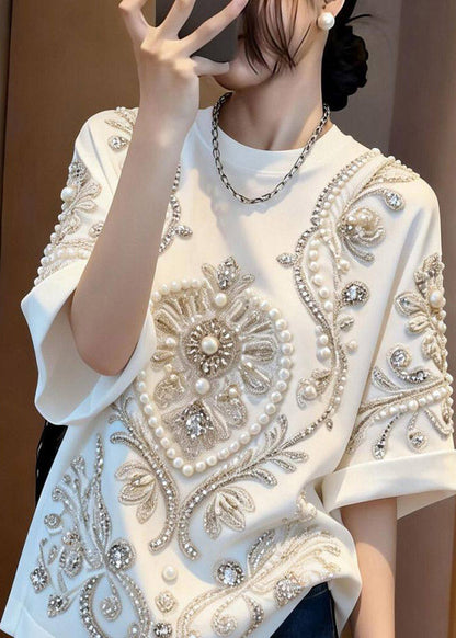 White Patchwork Nail Bead Zircon T Shirt Summer