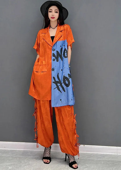Vogue Red Peter Pan Collar Print Shirt and Pants Two Piece Set Summer