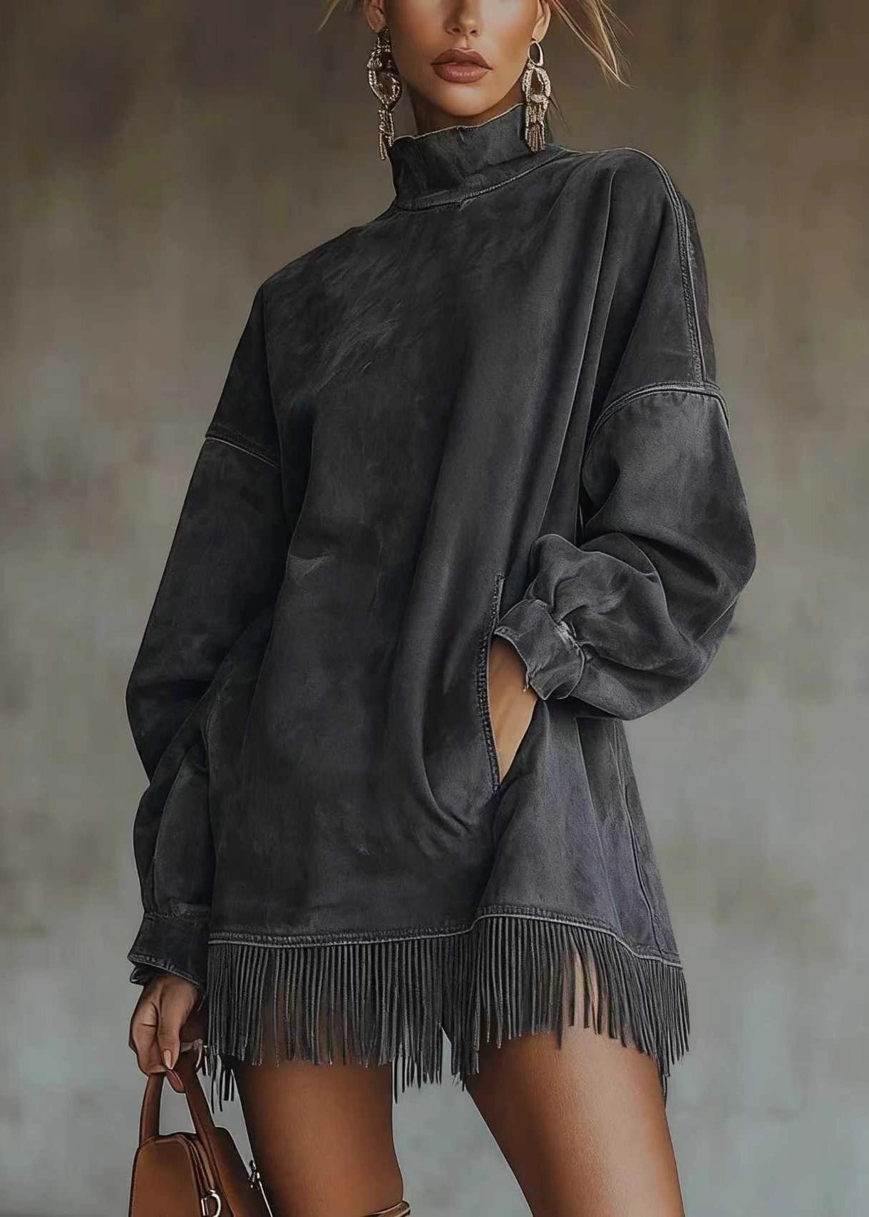 Loose Green Tasseled Pockets Faux Suede Mid Dress Spring