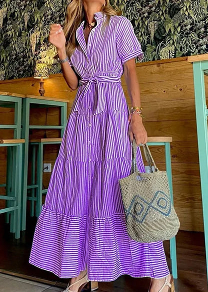 Loose Blue Striped Button Cotton Shirts Dresses Sleeveless Summer