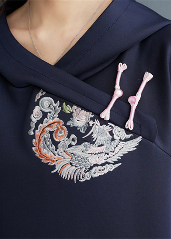 Navy Embroideried Patchwork Cotton Sweatshirt Tops Spring