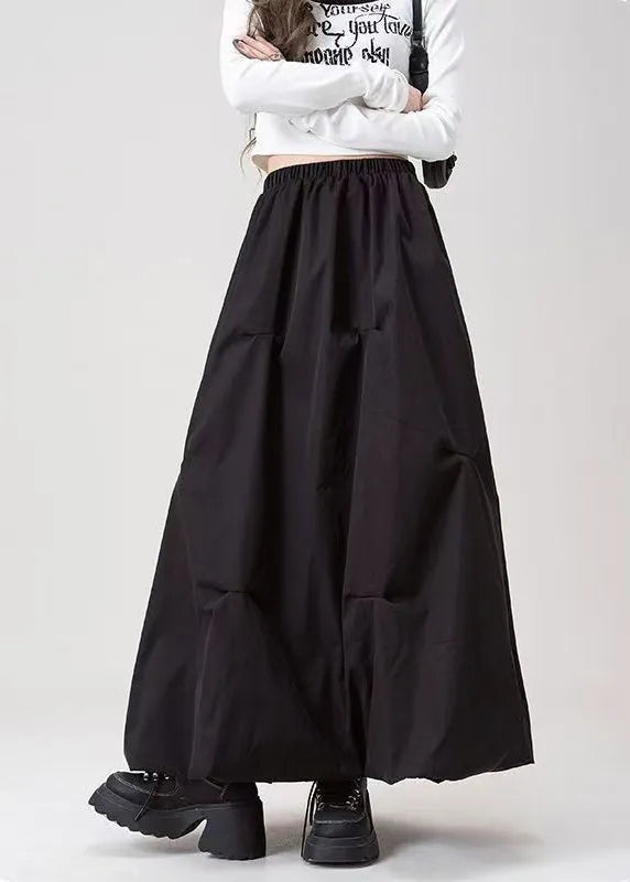 Grey Wrinkled Elastic Waist Cotton Skirts Fall