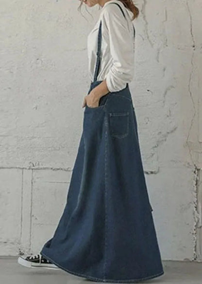 Blue Pockets Patchwork Denim Maxi Skirts Spring