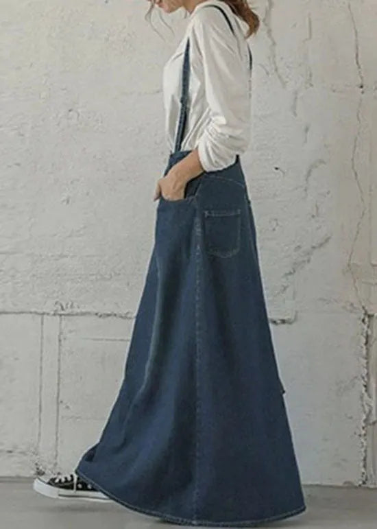 Blue Pockets Patchwork Denim Maxi Skirts Spring
