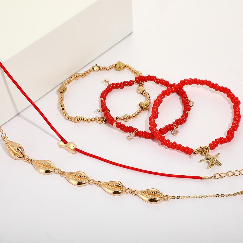Shell Red Beaded Anklet Set