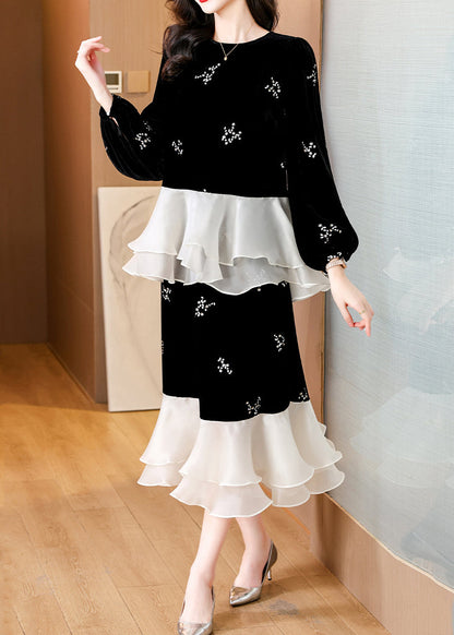 Black Embroidered Patchwork Silk Velvet Two-piece Set Spring