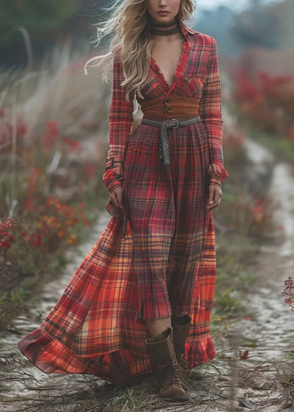 Pastoral Style Plaid Maxi Dress Long Sleeve