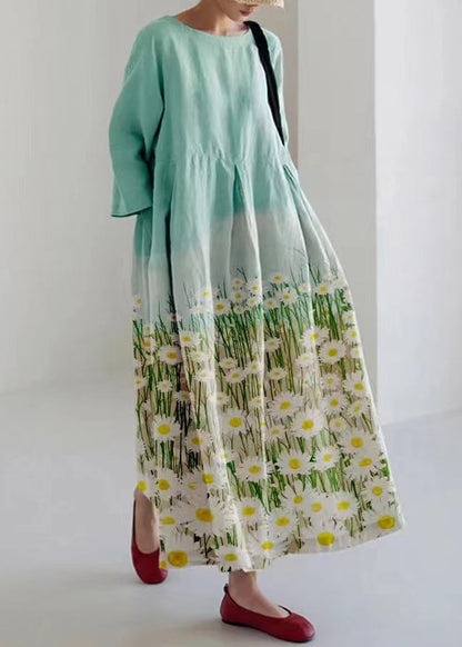 Loose Light Green O-neck Print Pockets Vacation Long Dresses Bracelet Sleeve