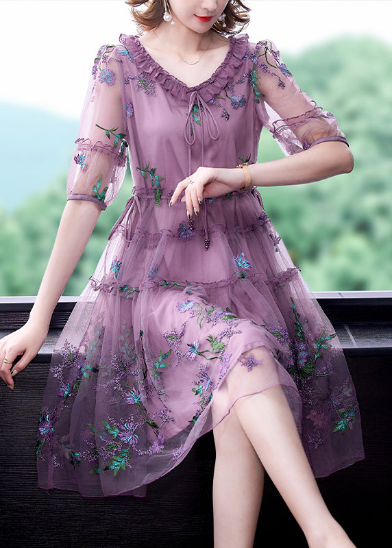 Purple Ruffled Tulle Patchwork Chiffon a Line Dress Half Sleeve
