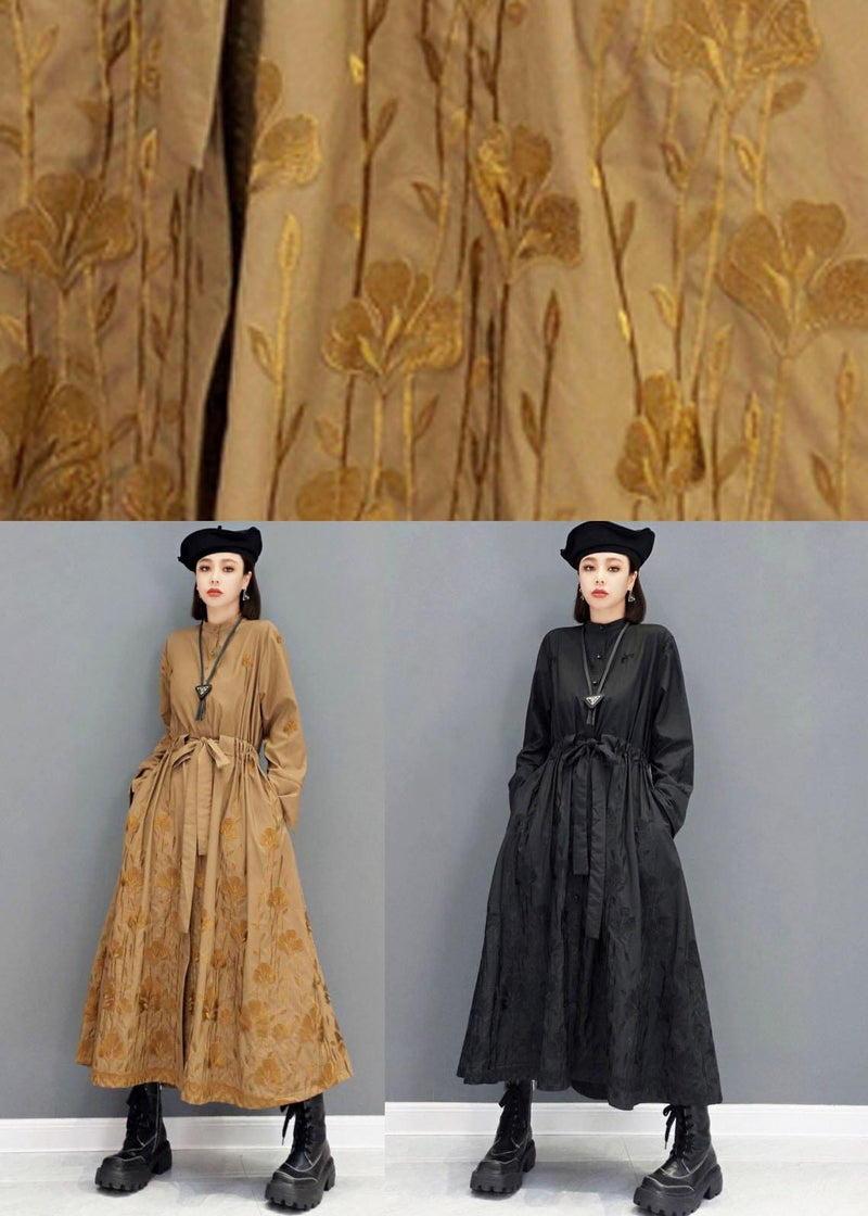 Black O-neck Button Maxi Dresses Fall Long Sleeve