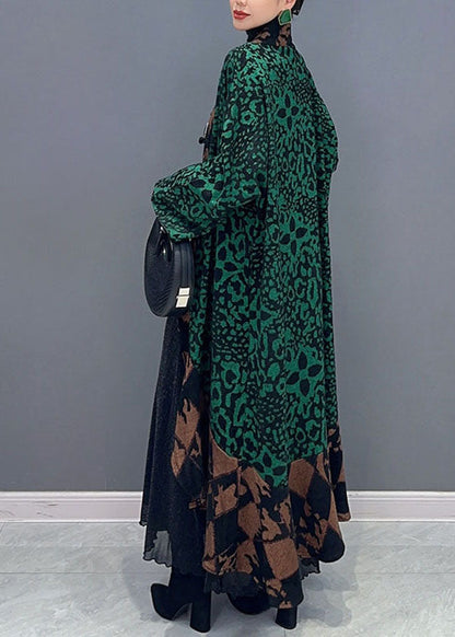 Green V Neck Print Patchwork Long Knit Cardigans Fall