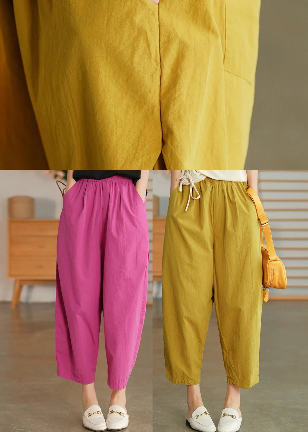 Yellow Elastic Waist Pockets Pants Spring