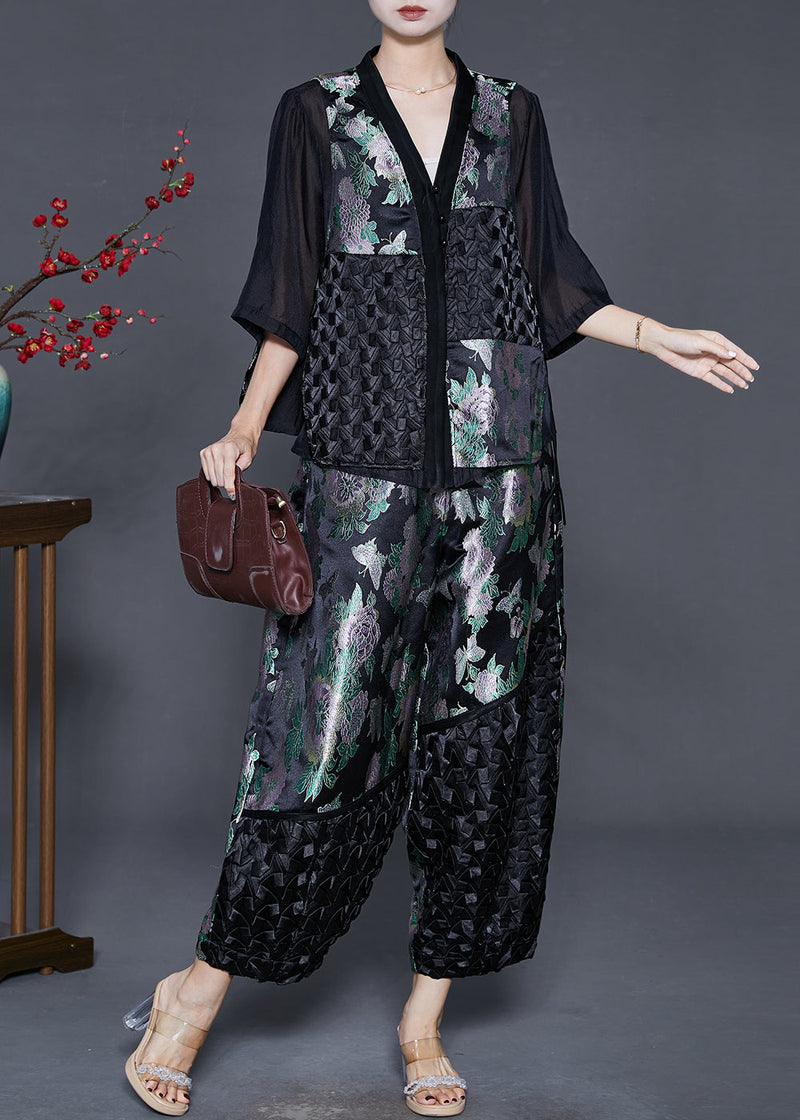 Black Oversized Patchwork Silk Two Pieces Set Summer