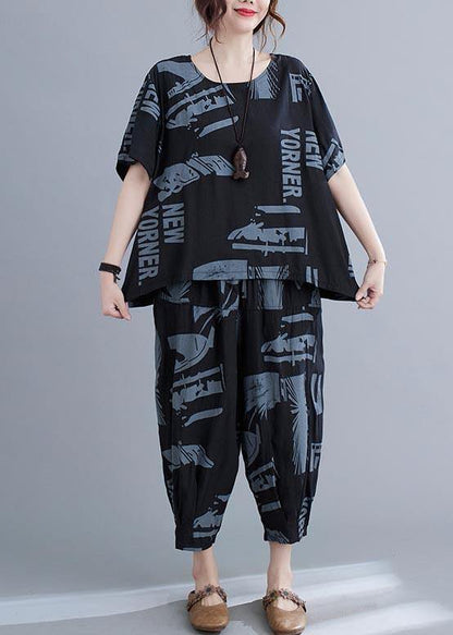 Black Print Crop Pants Two Pieces Set Summer