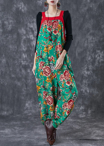 Green Oversized Print Cotton Overalls Jumpsuit Fall