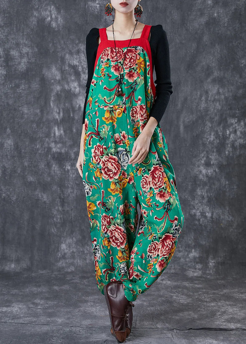Green Oversized Print Cotton Overalls Jumpsuit Fall