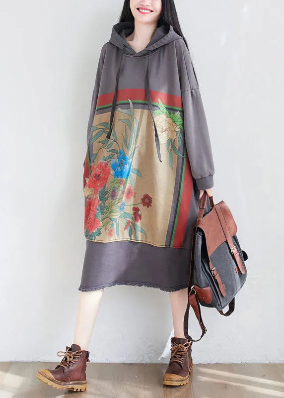 Loose Grey Hooded Print Cotton Maxi Dresses Spring