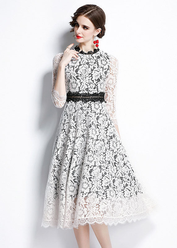 White O-neck Patchwork Lace Party Dress Bracelet Sleeve