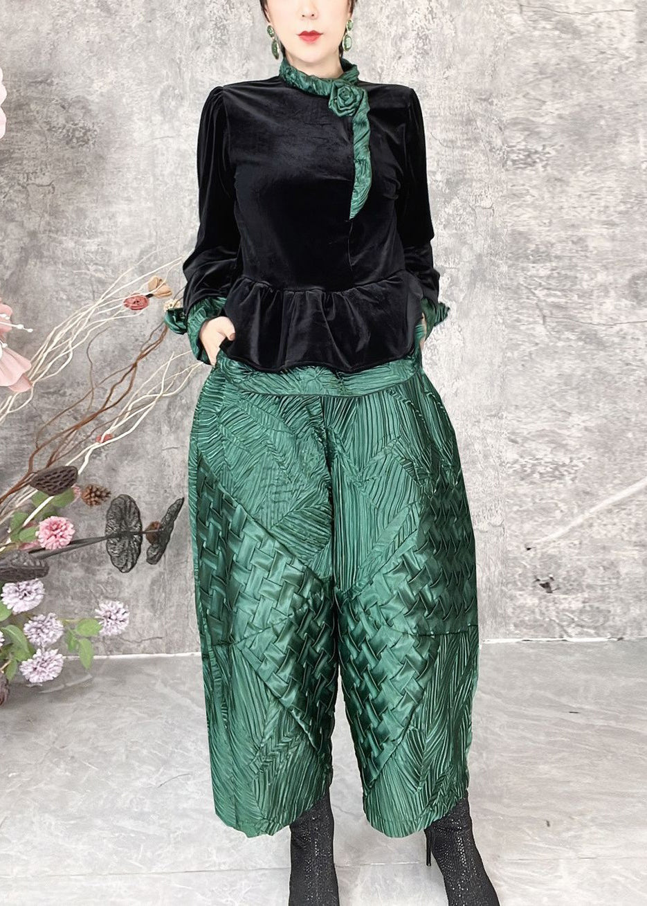 Green Patchwork Silk Velour Two Piece Set Spring