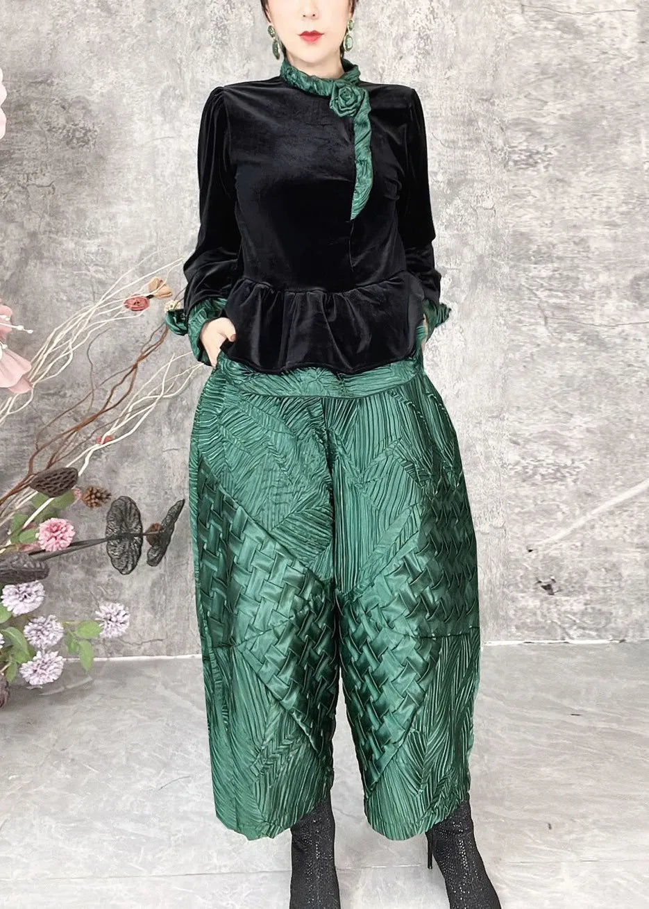 Green Patchwork Silk Velour Two Piece Set Spring