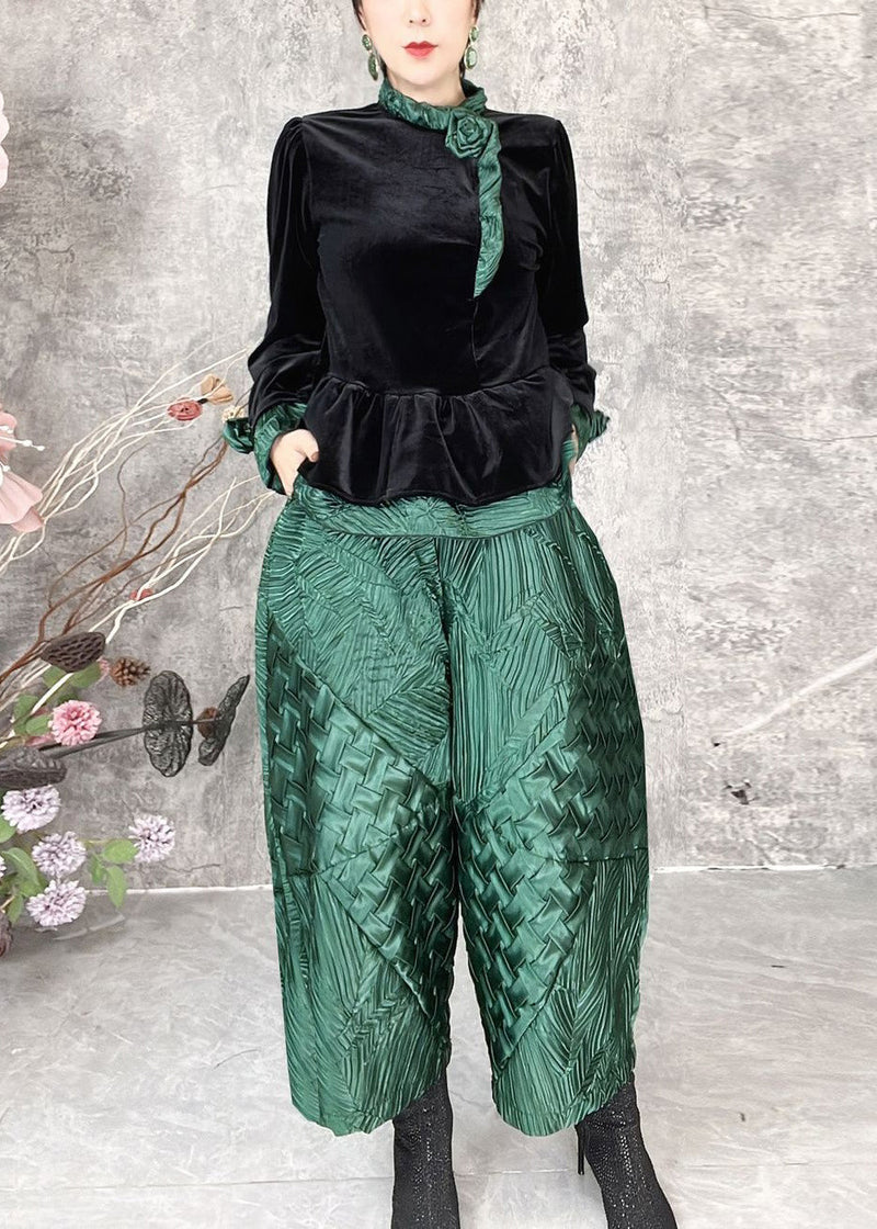 Green Patchwork Silk Velour Two Piece Set Spring