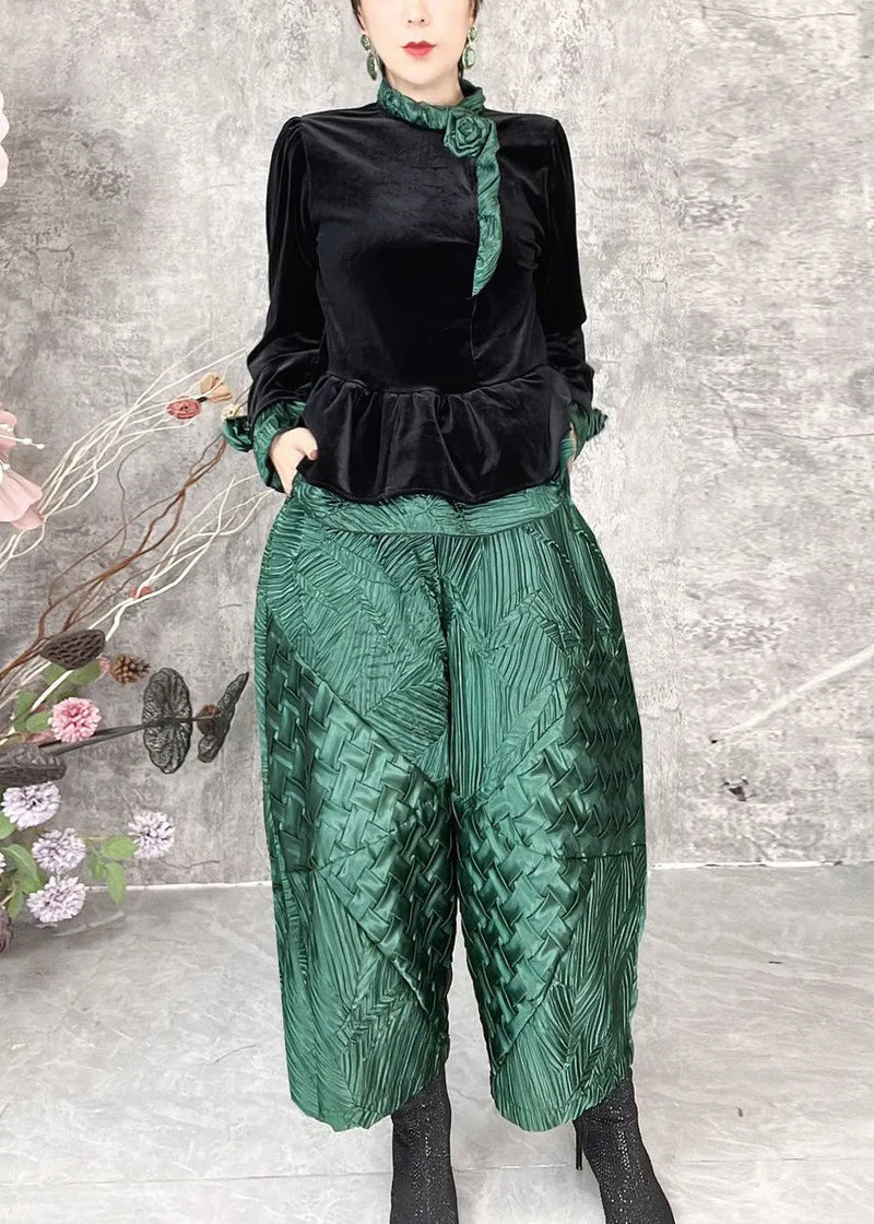 Green Patchwork Silk Velour Two Piece Set Spring