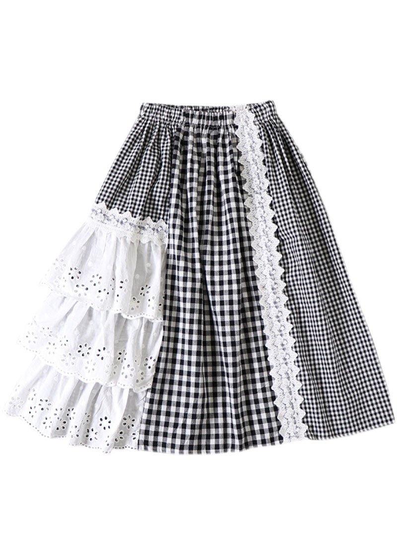 Simple Black Patchwork White Plaid Fall a Line Skirt