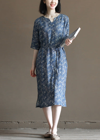 Unique Navy V Neck Print Tie Waist Linen Dresses Half Sleeve