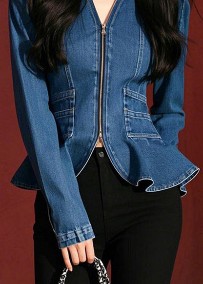 Blue V Neck Zip Up Slim Fit Denim Top Fall