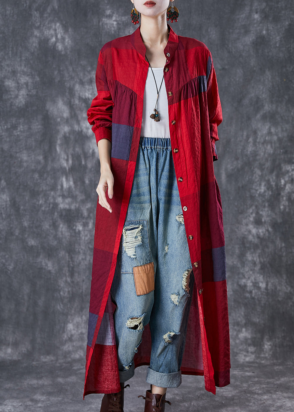Red Stand Collar Print Linen Long Dresses Fall