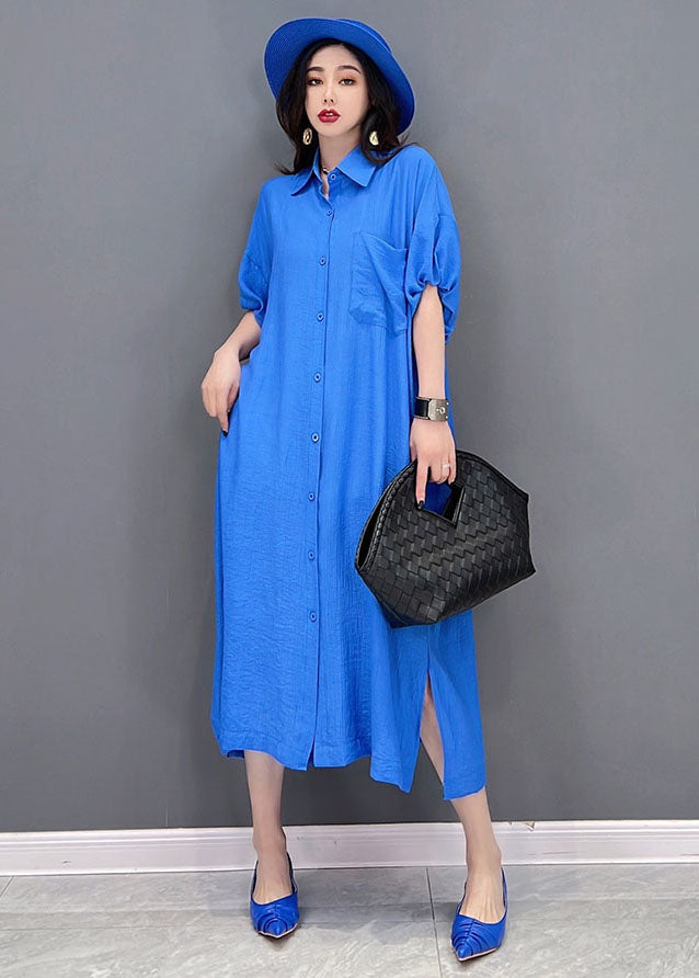 Baggy Blue Peter Pan Collar Oversized Cotton and Linen Shirt Dress Short Sleeve