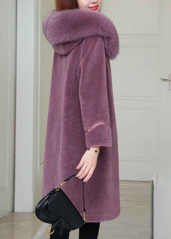 Purple Fox Collar Button Warm Fleece Woolen Coats Winter