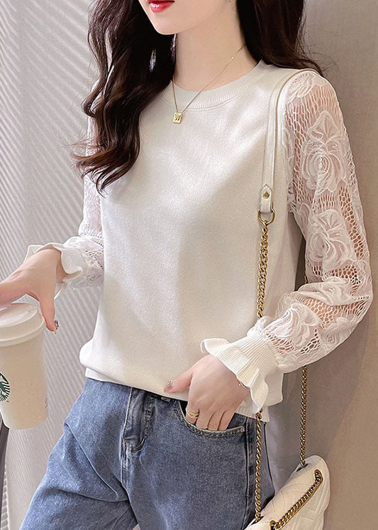 White O-neck Hollow Out Tops Long Sleeve