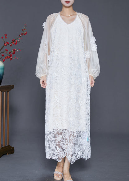 French White Stereoscopic Lace Long Dresses Fall