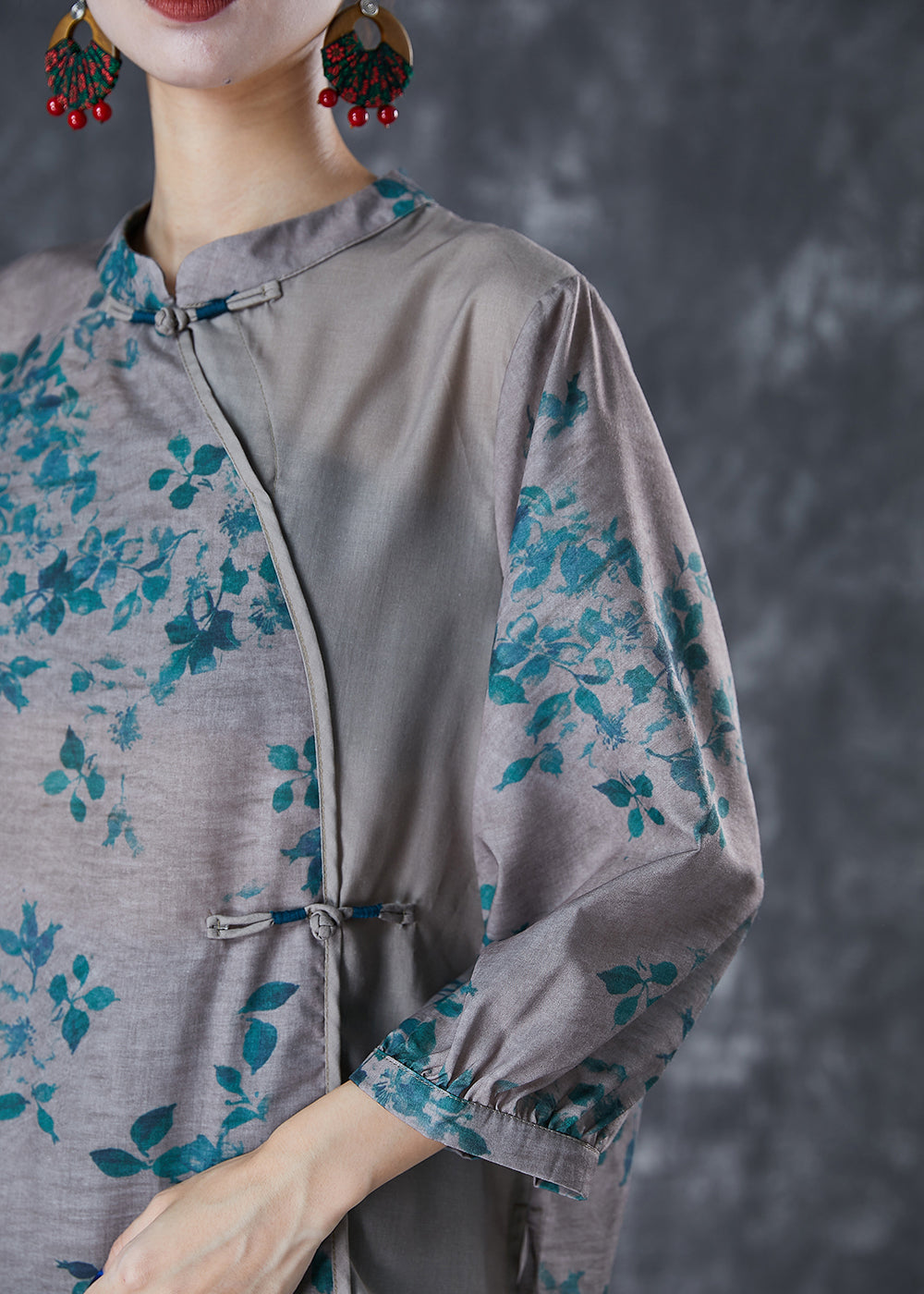 Grey Chinese Style Patchwork Print Linen Blouse Top Fall