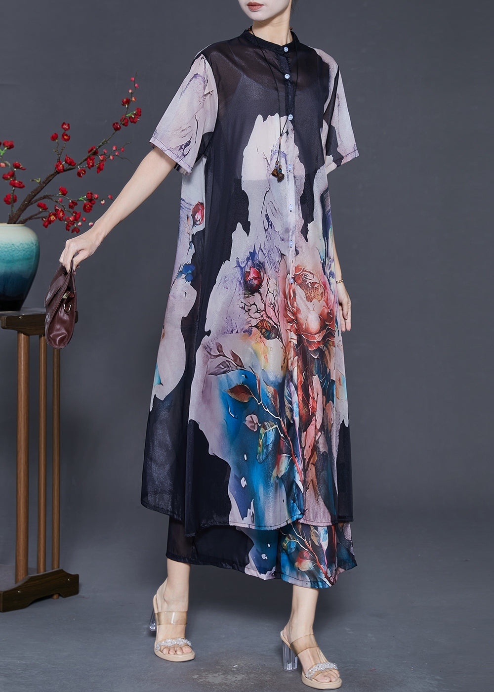 New Black Oversized Print Chiffon Two Pieces Set Summer